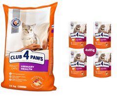 Club4Paws Premium pre dospelé mačky urinary health 14kg + 1x set Club4Paws s hovadzim mäsom 340g