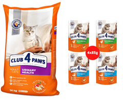 Club4Paws Premium pre dospelé mačky urinary health 14kg + 1x set Club4Paws s kuraci mäsom a lososom 340g