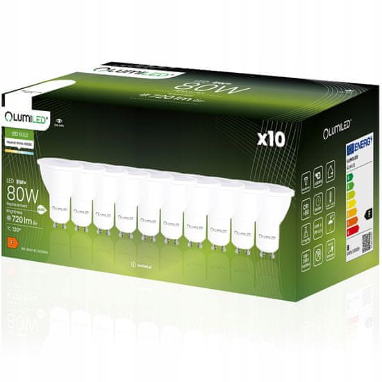 LUMILED 10x LED žiarovka GU10 8W = 80W 720lm 4000K Neutrálna biela 120°