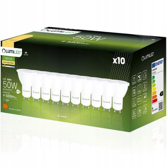 LUMILED 10x LED žiarovka GU10 6W = 50W 580lm 3000K Teplá biela 120°