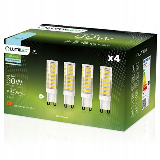 LUMILED 4x LED žiarovka G9 capsule 7W = 60W 670lm 6000K Studená biela 360°