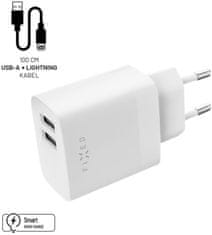 FIXED síťová nabíječka, 2x USB-A, 17W, biela + USB-A - Lightning kábel, 1m, biela