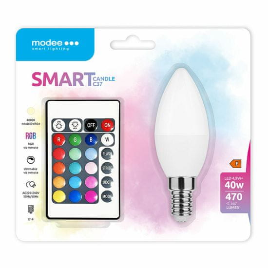 Modee LED Smart žiarovka Candle C35 4,9W E14 270° RGB+W 470 lm (MSL-C4,9WE14RGB-R) + ovládač