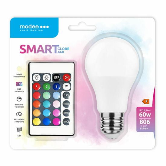 Modee MSL-G9,4WE27RGB-R Lighting LED Smart (+Remote) Globe A60 9,4W E27 270° RGB+W (806 lumen)