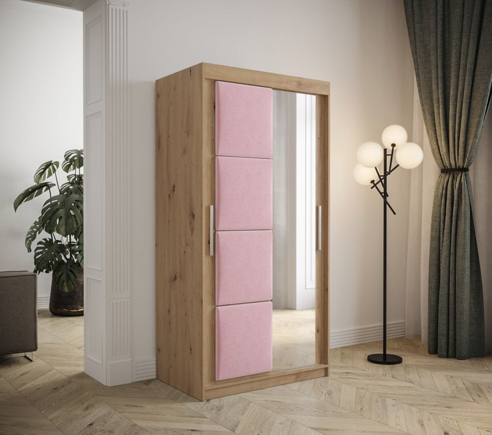 Veneti Šatníková skriňa s posuvnými dverami 100 cm TALIA - dub artisan / ružová