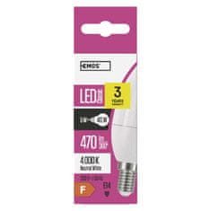 EMOS LED žiarovka Classic sviečka / E14 / 5 W (40 W) / 470 lm / neutrálna biela