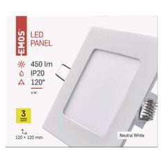 EMOS LED panel 120×120, štvorcový vstavaný biely, 6W neutrálna b.