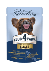 Club4Paws Premium CLUB 4 PAWS PRÉMIOVÝ VÝBER KOMPLETNÉ MOKRÉ KRMIVO PRE DOSPELÝCH PSY MALÝCH PLEMIEN - ŠŤAVNÉ KÚSKY S LOSOSOM A MAKREEL V Omáčke 12X85G +DARČEK!