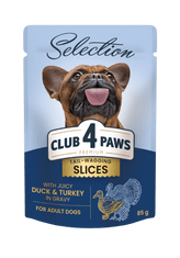 Club4Paws Premium CLUB 4 PAWS PRÉMIOVÝ VÝBER KOMPLETNÉ MOKRÉ KRMIVO PRE DOSPELÝCH PSIOV MALÝCH PLEMIEN - ŠŤAVNÉ KÚSKY S KAČKOU A TURECKOM V Omáčke 12X85G + DARČEK!