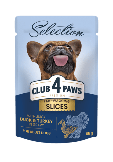 Club4Paws Premium CLUB 4 PAWS PRÉMIOVÝ VÝBER KOMPLETNÉ MOKRÉ KRMIVO PRE DOSPELÝCH PSIOV MALÝCH PLEMIEN - ŠŤAVNÉ KÚSKY S KAČKOU A TURECKOM V Omáčke 12X85G + DARČEK!