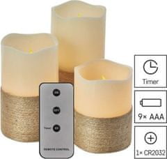 EMOS LED dekorácia - vosková sviečka omotaná povrázkom, 3x AAA, vnútorné, vintage, 3 ks, ovládač