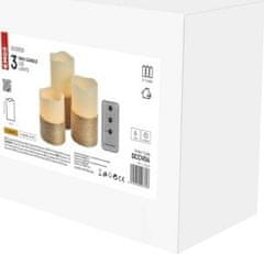 EMOS LED dekorácia - vosková sviečka omotaná povrázkom, 3x AAA, vnútorné, vintage, 3 ks, ovládač