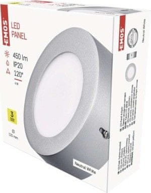 EMOS LED panel 120mm, kruhový prisadený strieborný, 6W neutr. biela