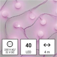 EMOS LED svetelný cherry reťaz – guličky 2,5 cm, 4 m, vonkajšie aj vnútorné, ružová, časovač