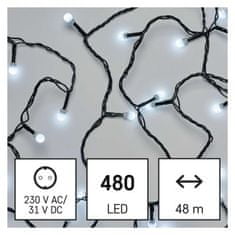 EMOS LED vianočná cherry reťaz – guličky, 48 m, vonkajšia aj vnútorná, studená biela, časovač