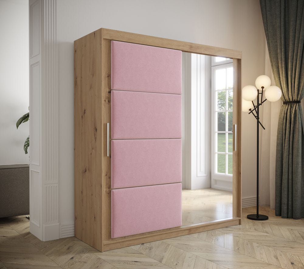 Veneti Šatníková skriňa s posuvnými dverami 180 cm TALIA - dub artisan / ružová