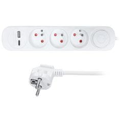 Solight Predlžovací kábel 2m/3z+V+2xUSB SOLIGHT PP111USBC PK23V+USBA+USBC