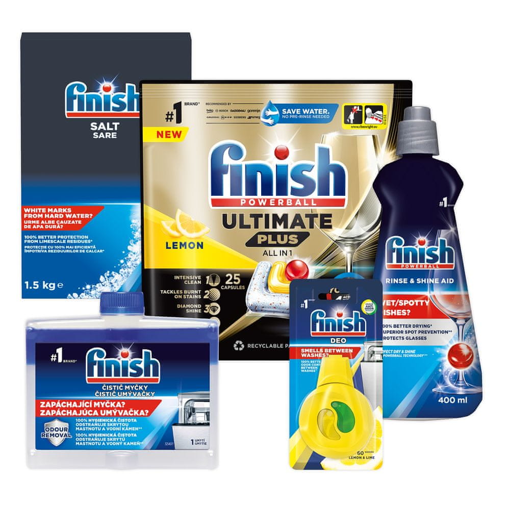 Finish Starter pack - Ultimate Plus All in 1 kapsula do umývačky riadu 25 ks Lemon + Soľ 1,5 kg + Leštidlo Shine&Dry Regular 400 ml + Osviežovač Odor Stop Easy Clip + Čistič umývačky