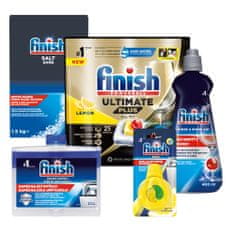 Finish Starter pack - Ultimate Plus All in 1 kapsula do umývačky riadu 25 ks Lemon + Soľ 1,5 kg + Leštidlo Shine&Dry Regular 400 ml + Osviežovač Odor Stop Easy Clip + Čistič umývačky 250 ml