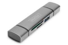 Digitus dvojitá čítačka kariet OTG (USB-C + USB 3.0) 1x SD, 1x MicroSD, 1x USB 3.0, šedá