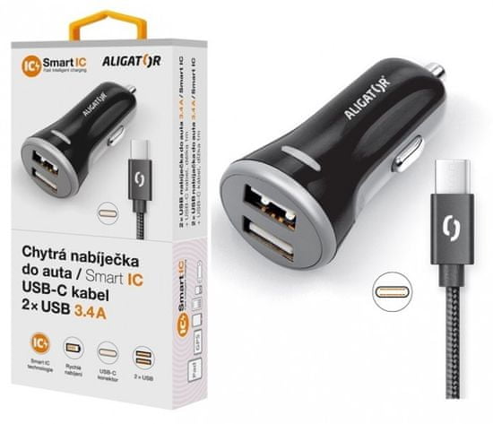 Aligator Chytrá nabíjačka do auta 3.4A, 2xUSB, smart IC, čierna, USB-C kábel