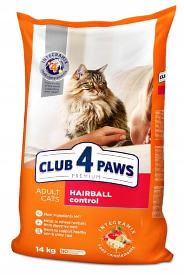 Club4Paws Premium CLUB 4 PAWS PREMIUM KOMPLETNÉ SUCHÉ KRMIVO PRE DOSPELÉ MAČKY - ODSTRAŇOVANIE CHLUPOV Z TRÁVIACEHO TRAKTU 14 KG + 12 VRECKOV AKO DARČEK!