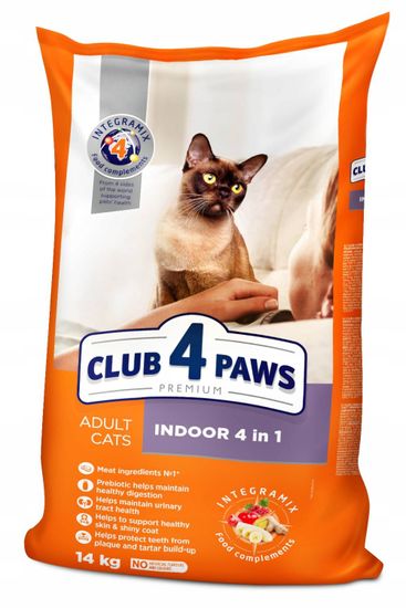 Club4Paws Premium CLUB 4 PAWS PREMIUM KOMPLETNÉ SUCHÉ KRMIVO PRE MAČKY UBYTOVANÉ IBA V INTERIÉRI "4 V 1" - JAHNIČKA 14 KG + 12 VRECKOV AKO DARČEK