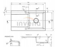 Invena Tesalia, 1-komorový granitový drez s odkvapkávačom 760x440x160 mm a kuchynskou batériou Joga Plus s flexibilným ramenom + chrómový automatický sifón, INV-AZ-01-043-SET