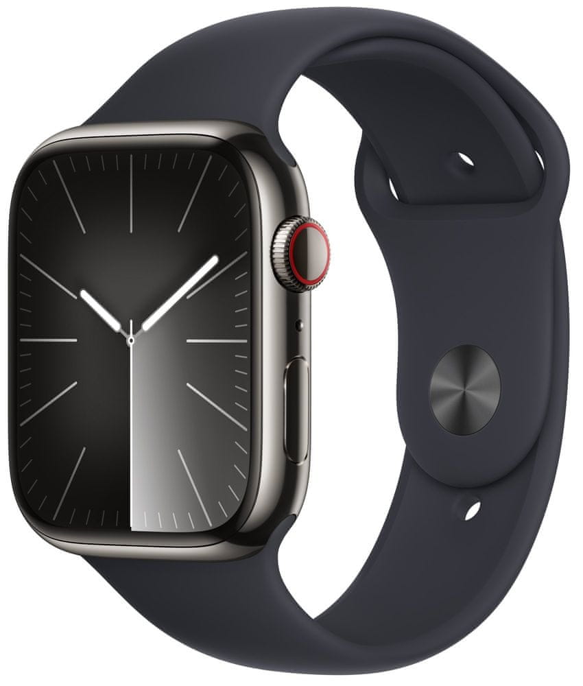 Apple Watch Series 9, Cellular, 45mm, Graphite Stainless Steel, Midnight Sport Band - S/M (MRMV3QC/A)