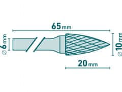 Extol Industrial Fréza karbidová, ostrý oblúk, pr.10x20mm/stopka 6mm,sek stredná (double-cut)