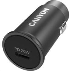 Canyon auto nabíjačka C-20, 1x USB-C (PD 20W), vstup 12V-24V