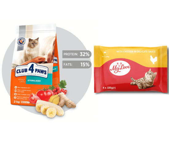 Club4Paws Premium pre sterilizovane mačky 2 kg + kapsičky pre mačky My love set s kuracim mäsom 4x100g