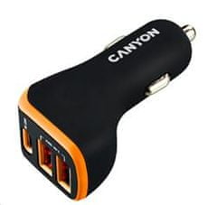 Canyon auto nabíjačka C-08, 1xUSB-C (PD 18W) + 2xUSB-A, vstup 12V-24V, výstup 5V-2.4A, Smart IC, CE, RoHS - čierno oranžová