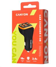 Canyon auto nabíjačka C-08, 1xUSB-C (PD 18W) + 2xUSB-A, vstup 12V-24V, výstup 5V-2.4A, Smart IC, CE, RoHS - čierno oranžová