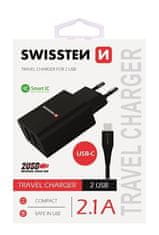 SWISSTEN SIEŤOVÝ ADAPTÉR SMART IC, CE 2x USB 2,1 A POWER ČIERNY + DÁTOVÝ KÁBEL USB / MICRO USB 1,2 M ČIERNY