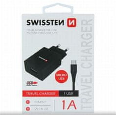 SWISSTEN SIEŤOVÝ ADAPTÉR SMART IC 1x USB 1A POWER + DÁTOVÝ KÁBEL USB / MICRO USB 1,2 M ČIERNY