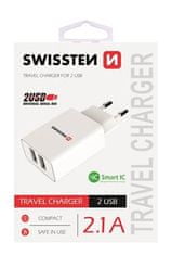 SWISSTEN SIEŤOVÝ ADAPTÉR SMART IC, CE 2x USB 2,1 A POWER BIELÝ