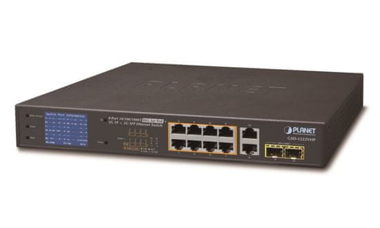 Planet GSD-1222VHP PoE switch, 8x PoE + 2x 1000Base-T + 2x SFP, LCD, VLAN, extend mód 10Mb do 250m, IEEE 802.3at 120W