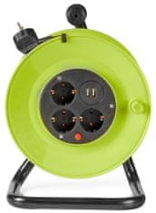 Nedis káblový bubon/ 3x 1,5 mm2/ 3x zásuvka/ tepelná elektrická poistka/ Typ F/ USB/ zeleno-čierna/ 25 m