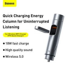 BASEUS Car Charger Bluetooth Fm Transmitter Energy Column MP3 PPS QC 2xUSB 18W Silver (CCNLZ-C0S)