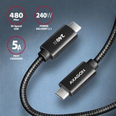 AXAGON kábel USB-C - USB-C, 240W 5A, ALU, opletený, 1,5m, čierna