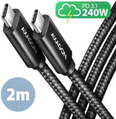 AXAGON kábel USB-C - USB-C, 240W 5A, ALU, opletený, 2m, čierna