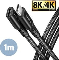 AXAGON kábel prodlužovací USB-C(M) - USB-C(F), USB 20Gbps, PD 240W 5A, 8K HD, ALU, oplet, 1m, čierna