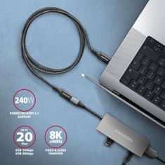 AXAGON kábel prodlužovací USB-C(M) - USB-C(F), USB 20Gbps, PD 240W 5A, 8K HD, ALU, oplet, 0,5m, čern