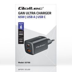 Qoltec Sieťová nabíjačka 65W GaN ULTRA | 5-20V | 2,25-3,25A | 1 x USB typ C PD | 1 x USB | Čierna