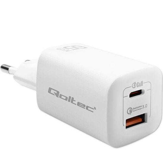 Qoltec Sieťová nabíjačka 65W GaN ULTRA | 5-20V | 2,25-3,25A | 1 x USB typ C PD | 1 x USB QC 3.0 | Biela