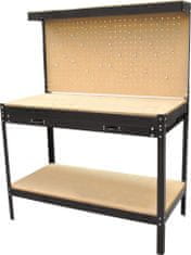 MAGG Pracovný stôl - dielenský ponk 120 x 60 x 151 cm, so závesnou stenou, zásuvkou a poličkou