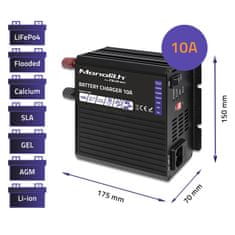 Qoltec Inteligentná nabíjačka Monolith pre batérie LiFePO4 AGM GEL SLA | 10A | 12V