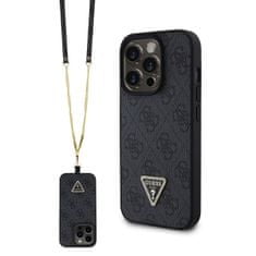 Guess Zadný kryt PU 4G Strass Triangle Metal Logo + popruh pre iPhone 15 Pro Black