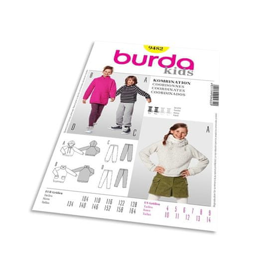 Burda Strih Burda 9482 - Detská mikina s kapucňou, mikina s vysokým golierom, tepláky, legíny